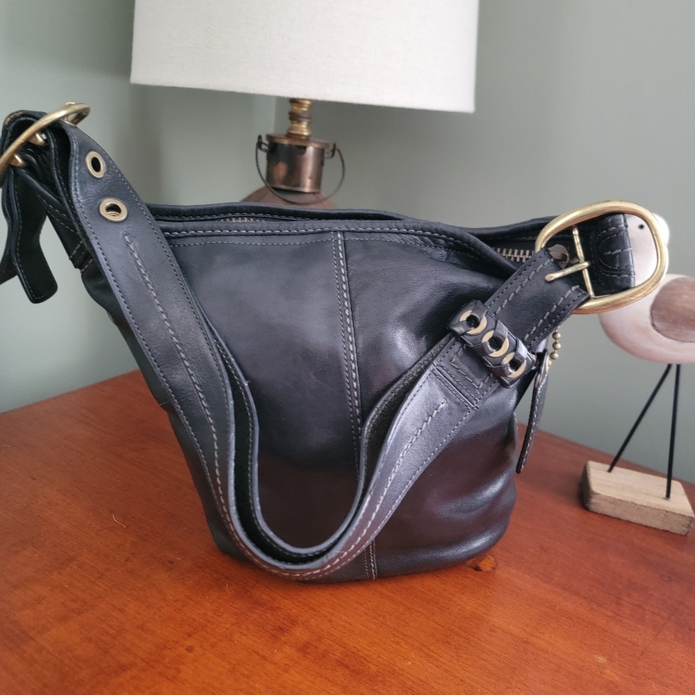 Coach 11422 Bleecker Tattersall Bucket Bag Black Vachetta Leather Purse Y2K - Picture 3 of 15